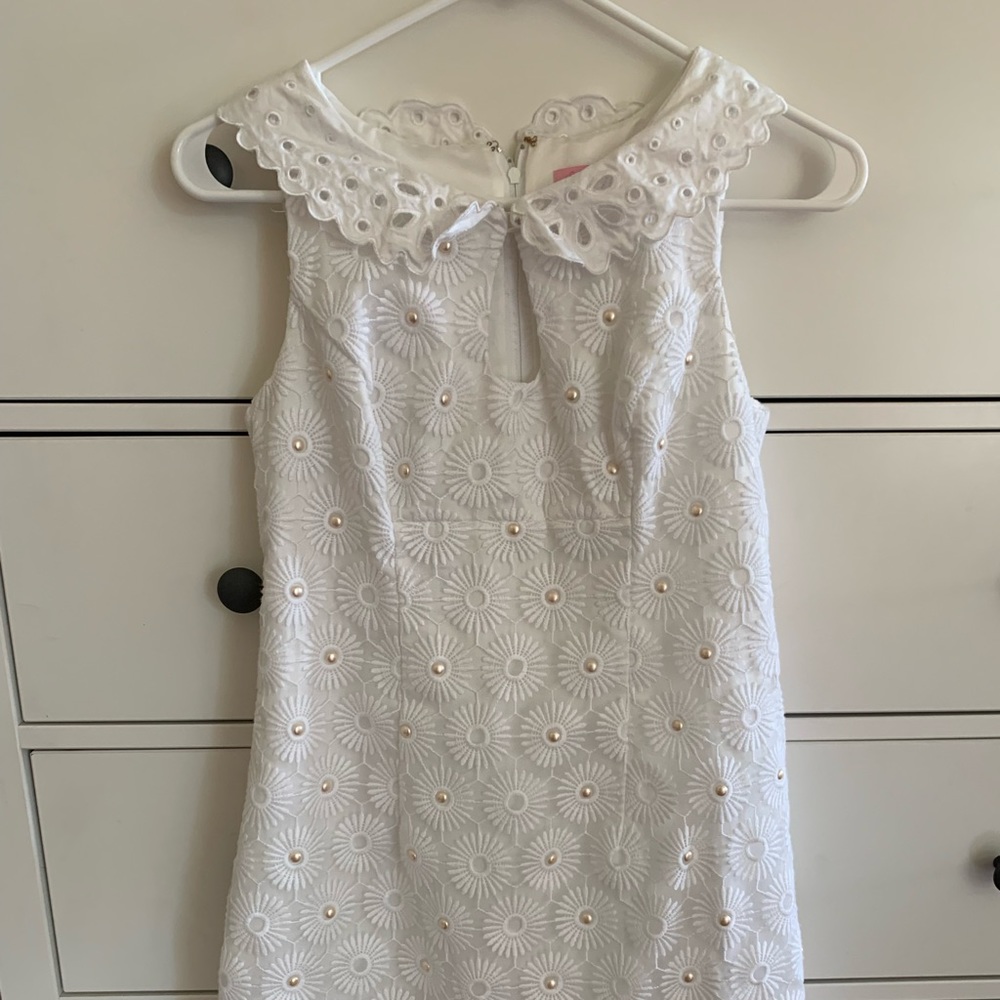 White Lilly Pulitzer dress with halved pearls. In great condition.